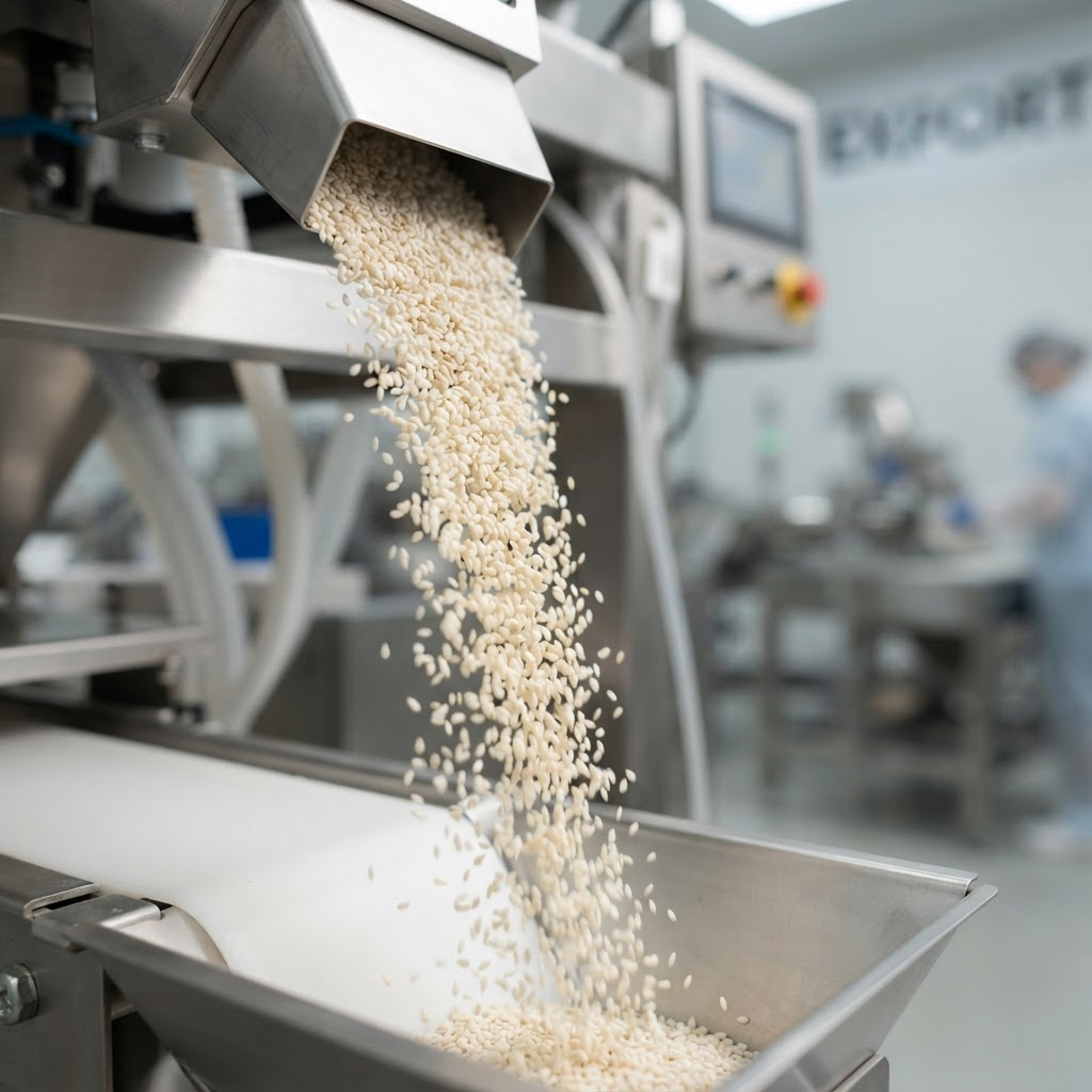Macro detail of clean, graded premium white sesame seeds prepared for export