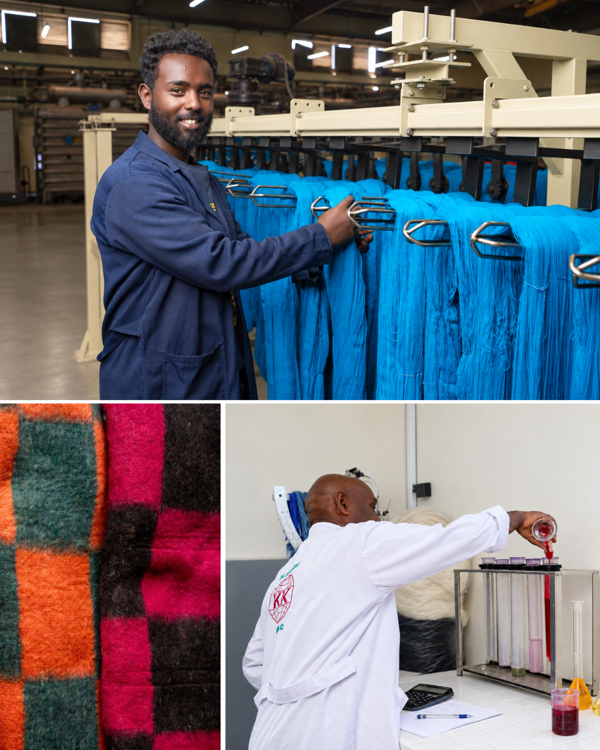 Freshly dyed acrylic yarn on cones inside an Ethiopian textile factory, a technician at work in the background