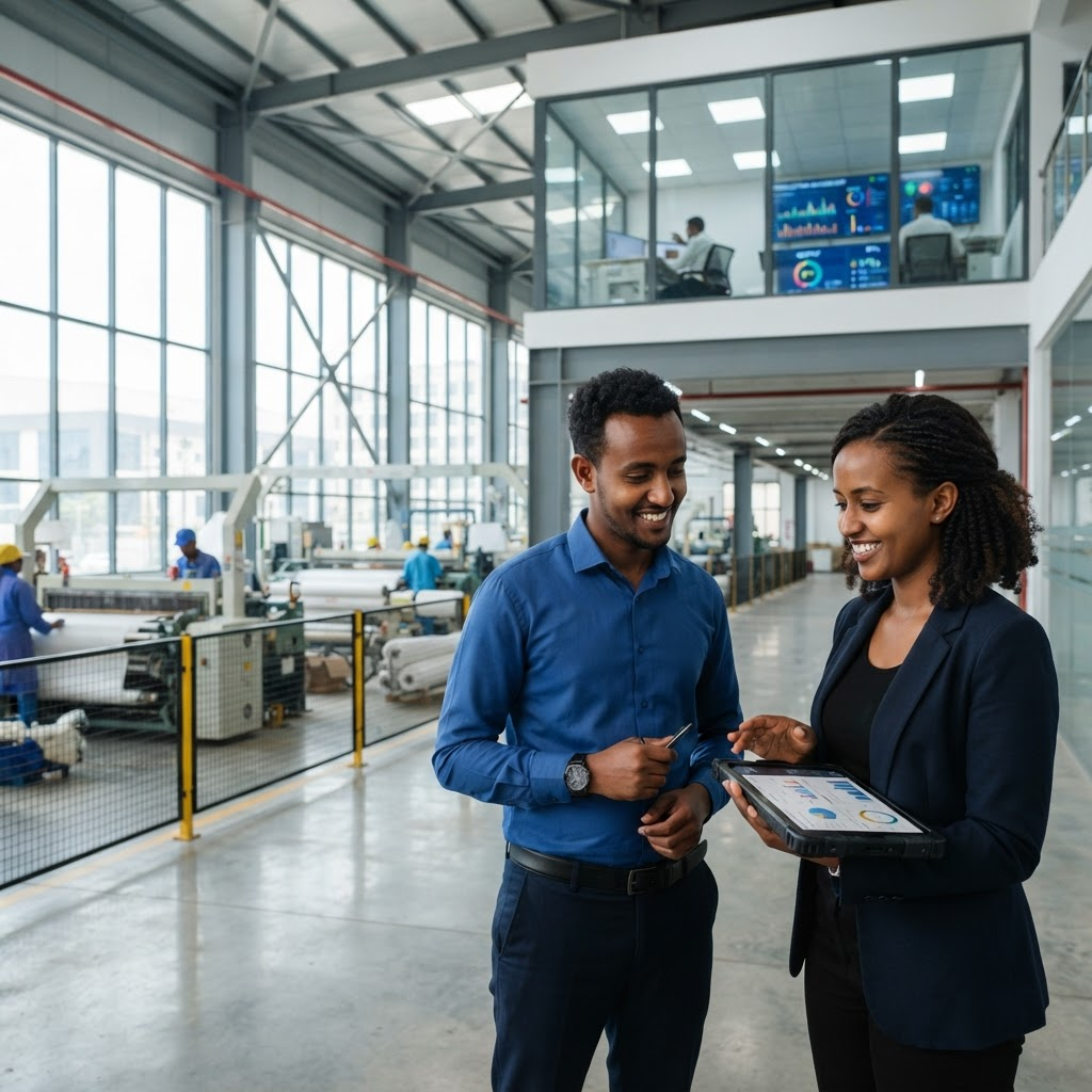 Ethiopian professionals reviewing production together in a bright, modern manufacturing facility
