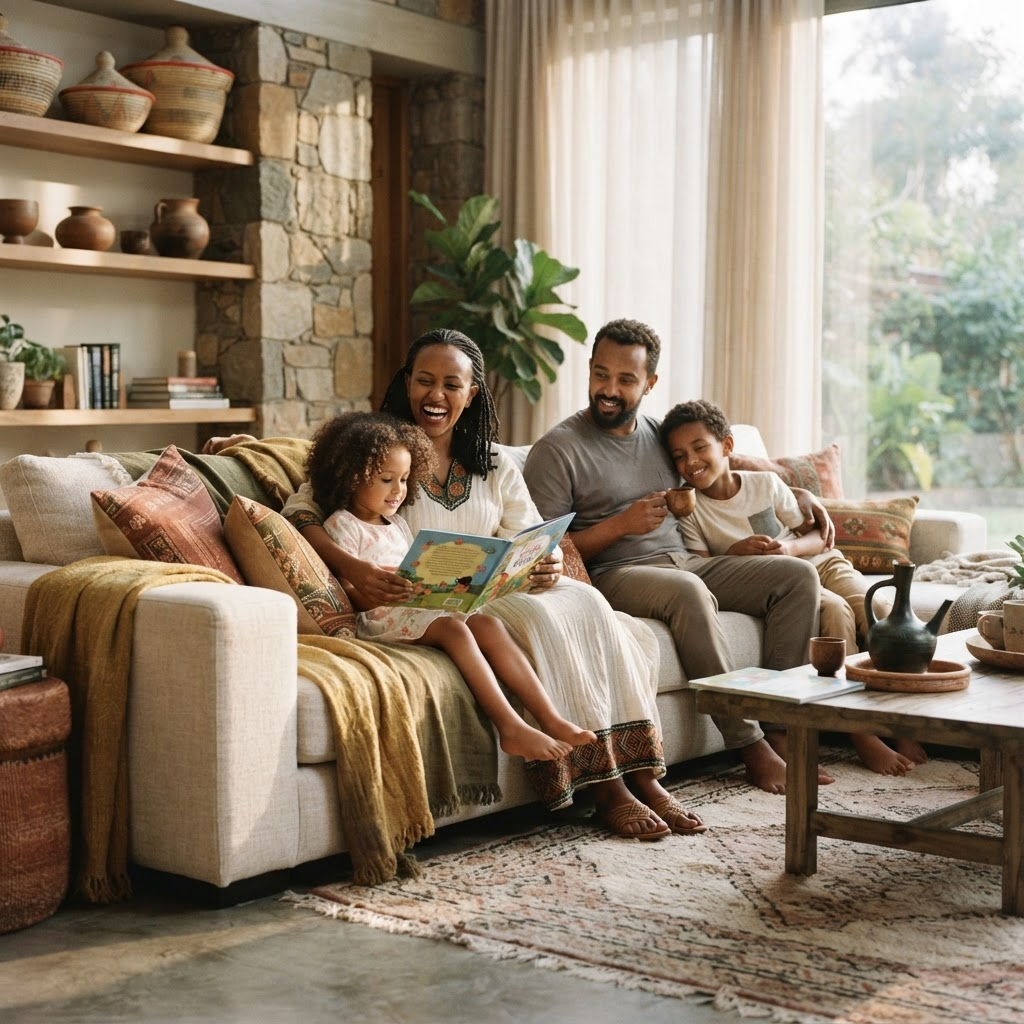 An Ethiopian family relaxing in a thoughtfully designed contemporary living room