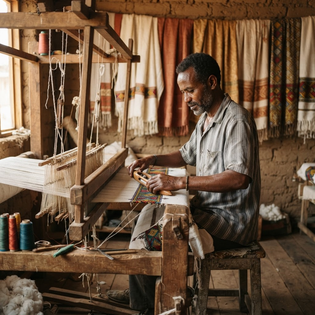An Ethiopian shemane weaving traditional handwoven cotton on a wooden loom