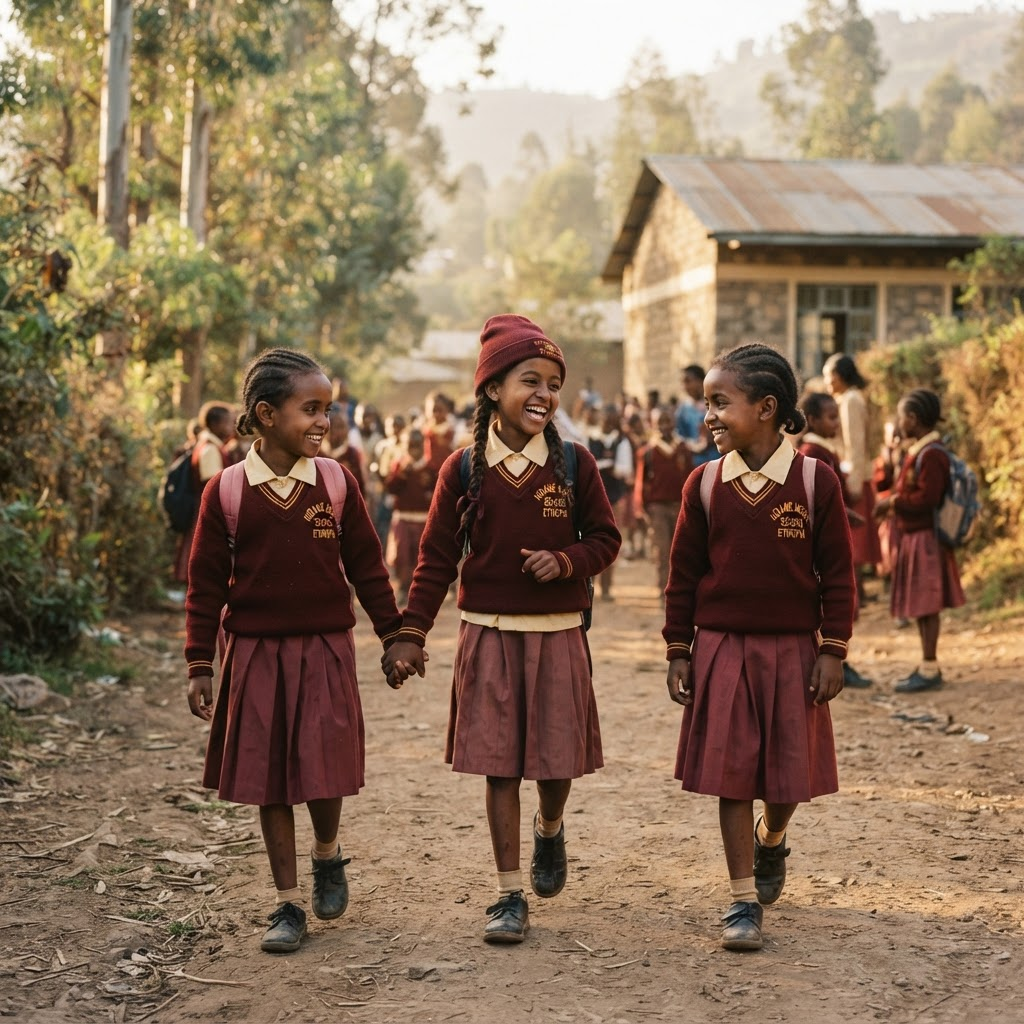 Ethiopian schoolchildren in knitted uniforms arriving at school in warm morning light